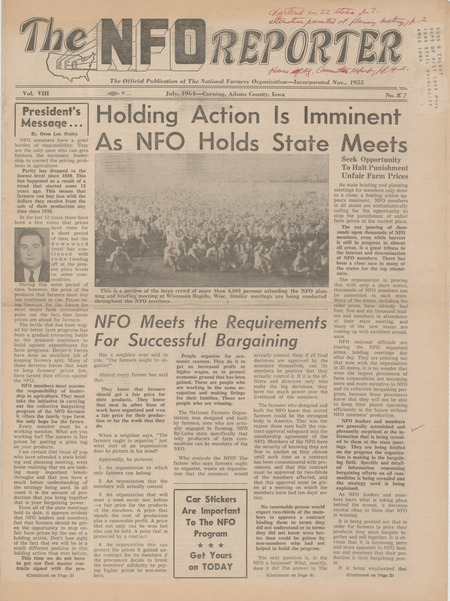 National Farmers Organization Reporter, July 1964. This reporter discusses various NFO holding actions.