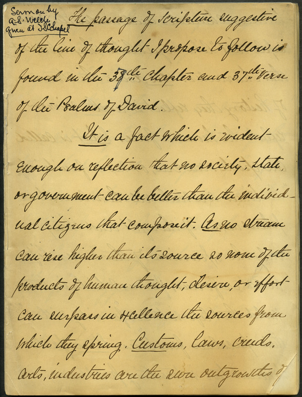 Box 1, Folder 21: Welch discusses the advances of science, its relation to religion, qualities required of citizens, and the transitions society was experiencing at that time.