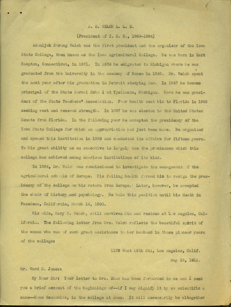 Box 1, Folder 1: Contains articles, brief biographies including biographies written by Iowa State professors, and correspondence about Welch.