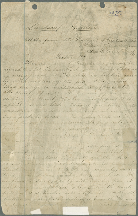 Box 1, Folder 9: Notes include discussions on beauty, landscape gardening, design and arrangement, chose of trees, colors, buildings, and homes.