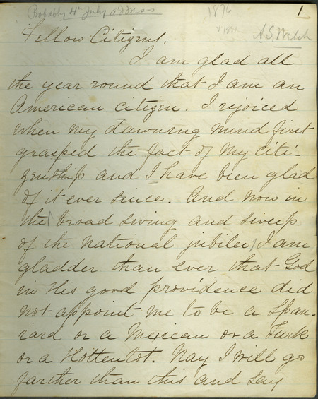 Box 1, Folder 19: Welch discusses citizenship, patriotism, nationalism, President James A. Garfield's assassination, freedom of religion, and universal education.
