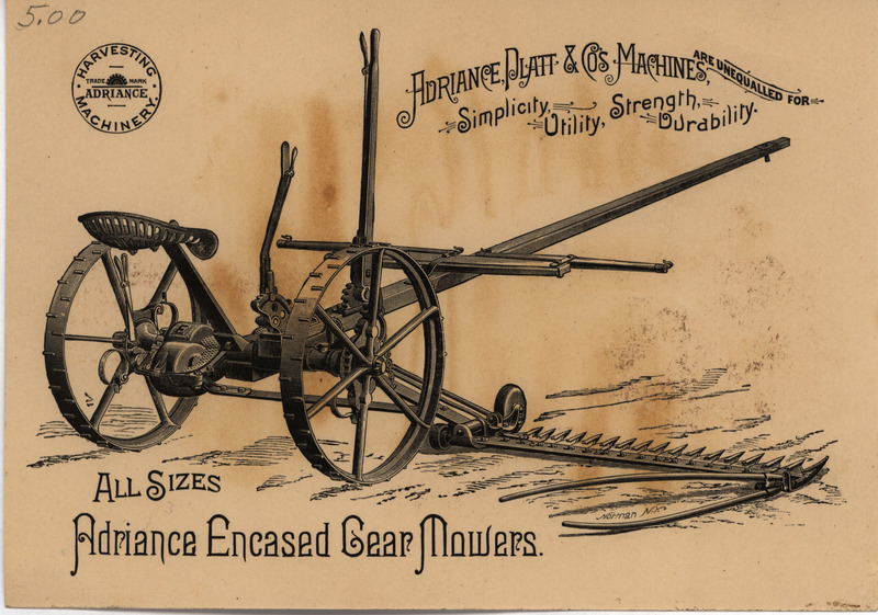 Illustrated advertisement for Encased Gear Mowers offered by Adriance, Platt and Company. Includes a view of the bridge at Poughkeepsie, New York on backside of the advertisement.