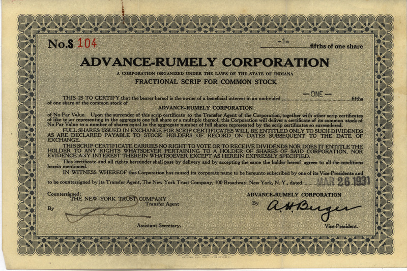 A written certificate transferring a stock share of the Advance-Rumely Corporation to the receiver of the document.