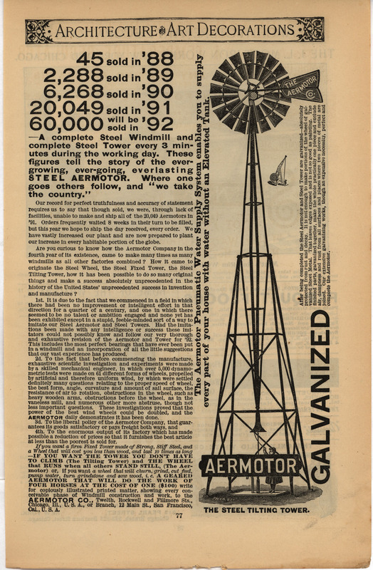 Illustrated advertisement for the Galvanized Steel Tilting Tower offered by Aermotor Company detailing sales statistics and the benefits of their products.