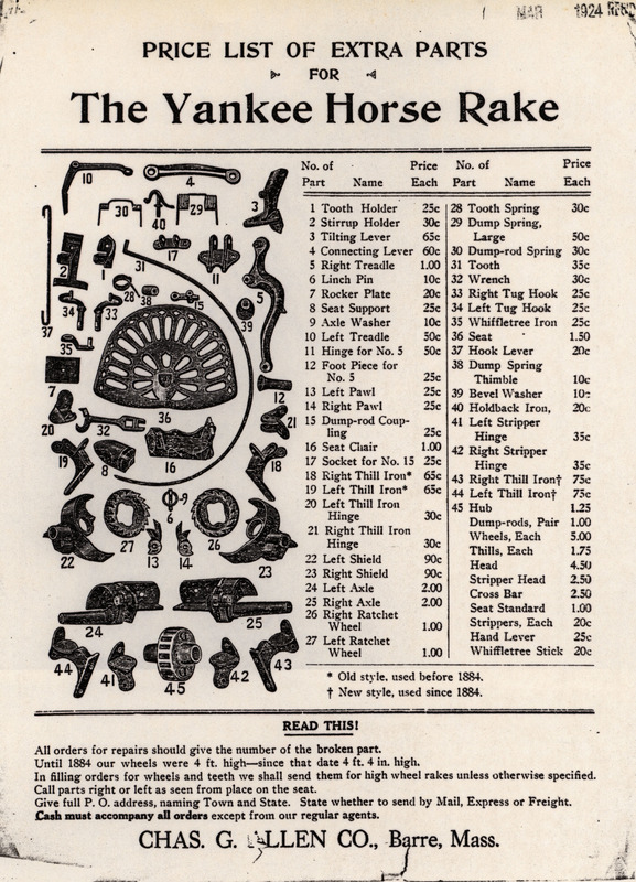 Price list for parts of the Yankee Horse Rake offered by Chas. G. Allen Company.