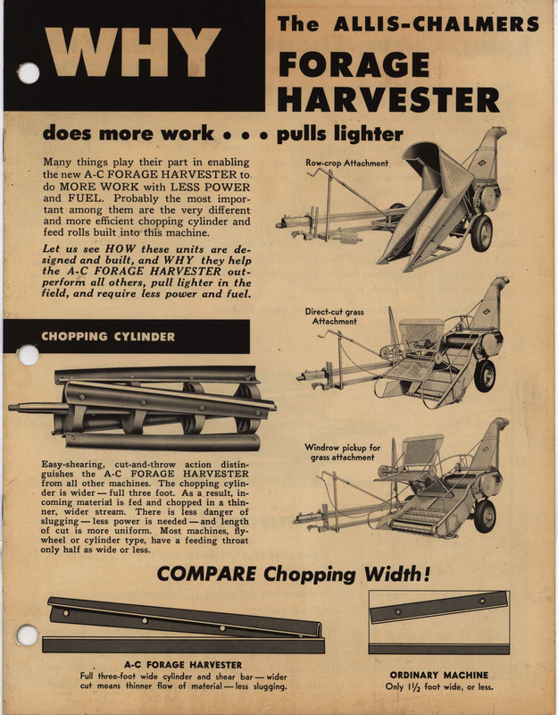 Illustrated advertisement for the forage harvester and attachments offered by Allis-Chalmers Tractor Division.