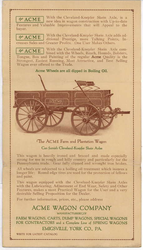 A catalog detailing the wagon products of the Acme Wagon Company including a wagon and axle with illustrations.