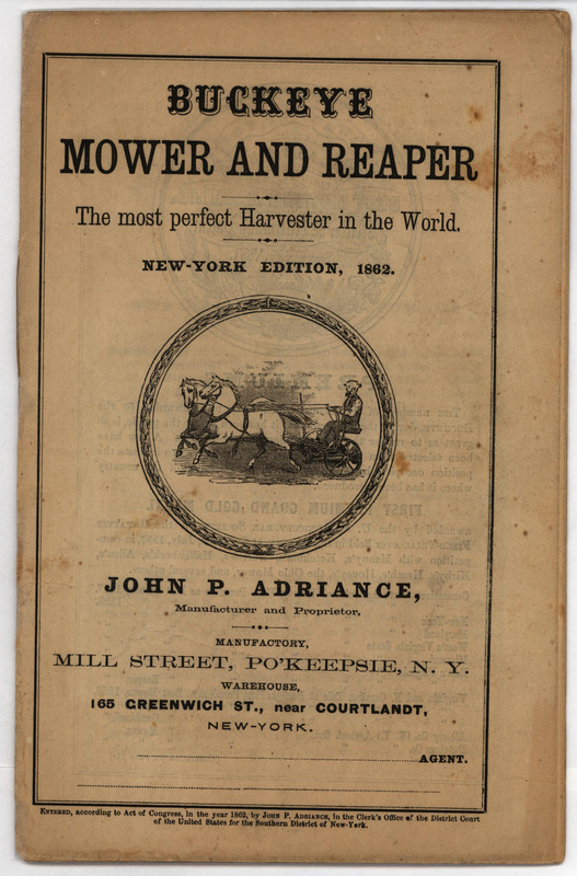 Catalog detailing the mower and reaper offered by John P. Adriance. The catalog describes the benefits of Adriance's products and includes illustrations along with a price list.