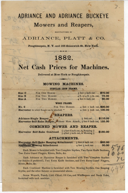 A price list for the products offered by Adriance, Platt and Company. Includes handwritten calculations on back side.