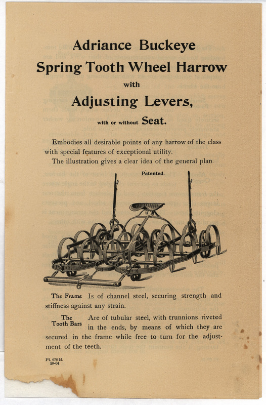 Catalog describing the spring tooth wheel harrow offered by Adriance, Platt and Company and its available features.