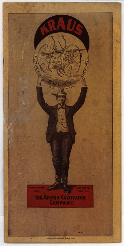 Catalog for the cultivator offered by Akron Cultivator Company describing its features with testimony and illustrations.