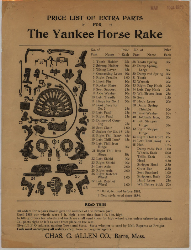 Price list for parts for the Yankee Horse Rake offered by Chas. G. Allen Co.