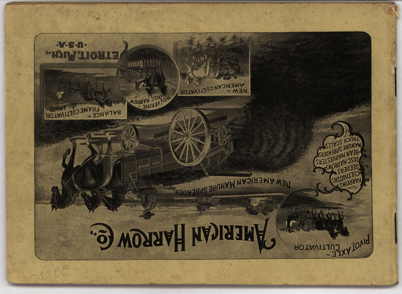 Illustrated catalog describing the agricultural products and accessories offered by the American Harrow Company.