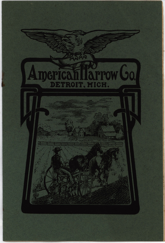 Illustrated catalog describing the agricultural products and accessories offered by the American Harrow Company in 1910.