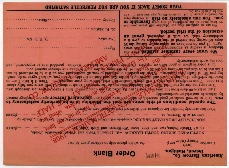 Order form for products offered by the American Harrow Company in 1908.