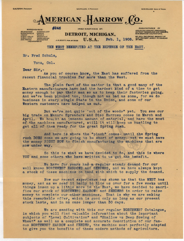Letter to Fred Schule from American Harrow Company, accompanying their catalog and advertising products.