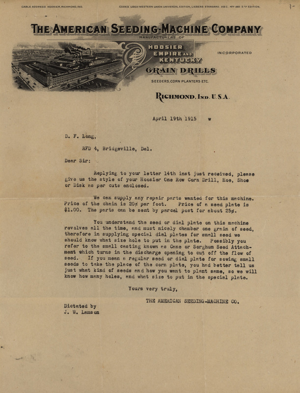 Letter from American Seeding Machine Company to D.F. Long, April 19, 1915 concerning replacements parts for a Hoosier One Row Corn Drill.
