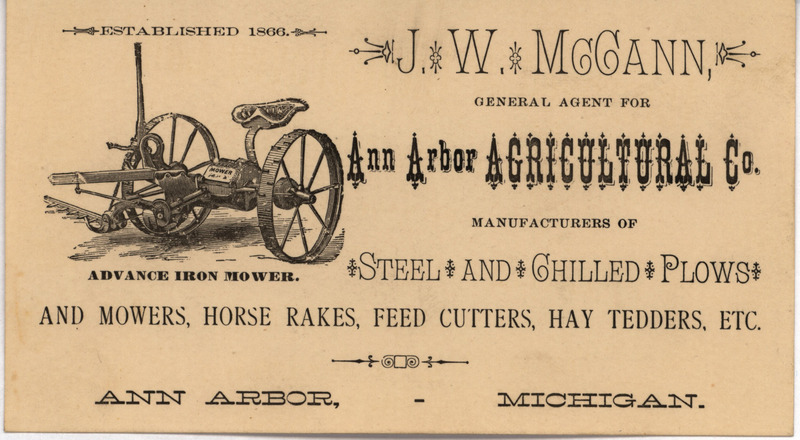 Business card of J. W. McCann, general agent of the Ann Arbor Agricultural Company.