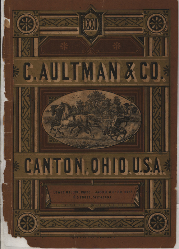 Catalog from 1880 by the C. Aultman and Company describing their Buckeye Harvesting Machines product line, includes illustrations.