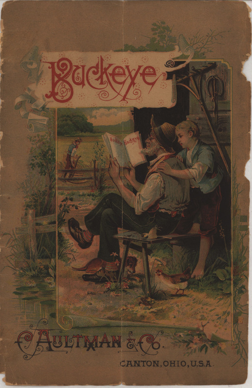 Catalog from the C. Aultman and Company describing the products offered in their Buckeye harvesting machines line, including illustrations.