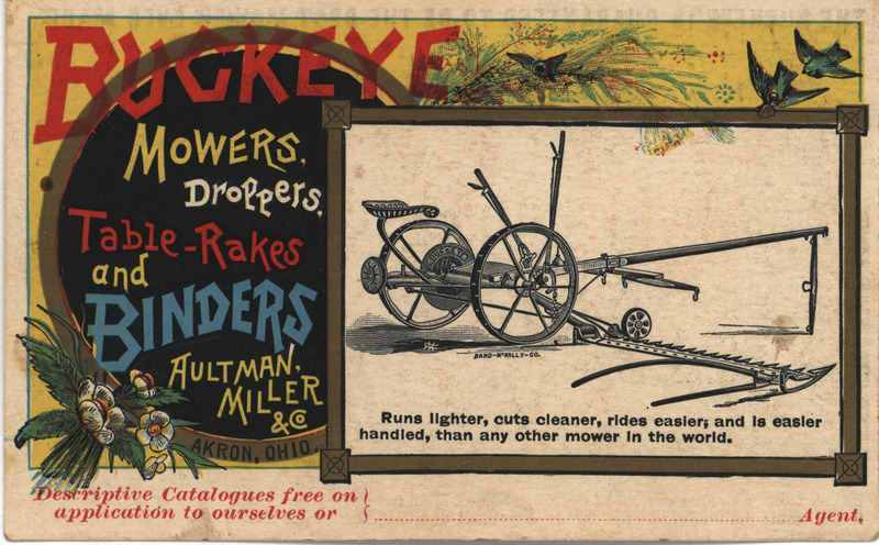 Advertisement card describing the Buckeye Mower offered by Aultman, Miller and Company including text and illustrations.
