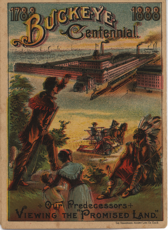 Illustrated advertisement card celebrating the centennial of the Buckeye product line by Aultman, Miller and Company.
