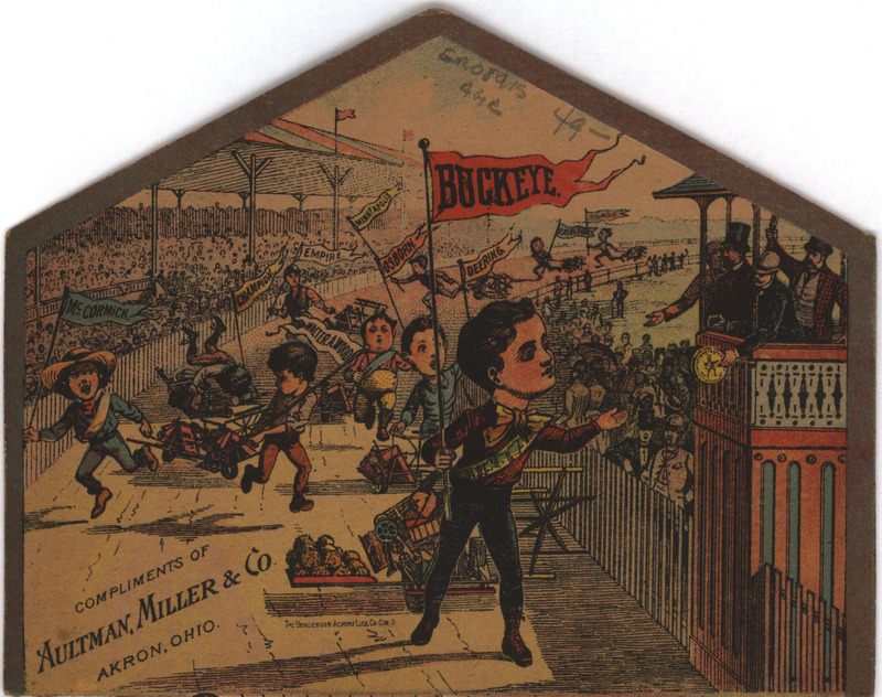 Illustrated advertisement card for the Buckeye product line from the Aultman, Miller and Company.