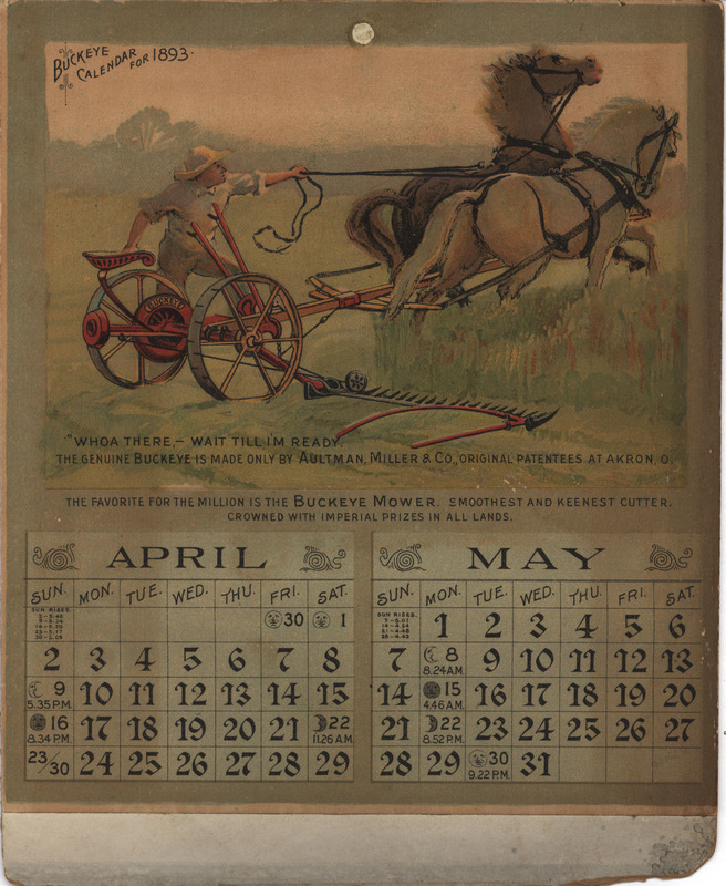 Illustrated advertisement calendar for the Buckeye Mower by the Aultman, Miller and Company.