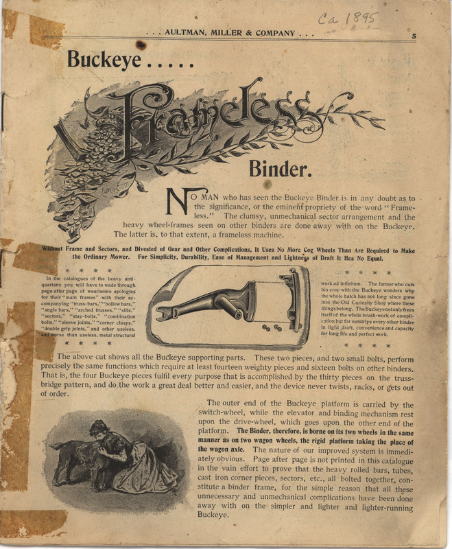 Catalog describing the Buckeye Frameless Binder and related products offered by Aultman, Miller and Company, includes illustrations.