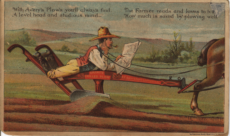 Illustrated advertisement card for the granite chilled plow offered by B. F. Avery and Sons.