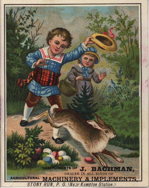 Illustrated advertisement card for machinery and implements offered by J. Bachman.