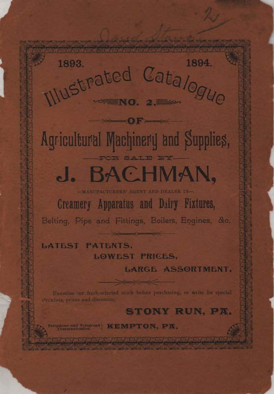 Catalog describing the agricultural machinery and supplies offered by J. Bachman from 1894, includes illustrations.