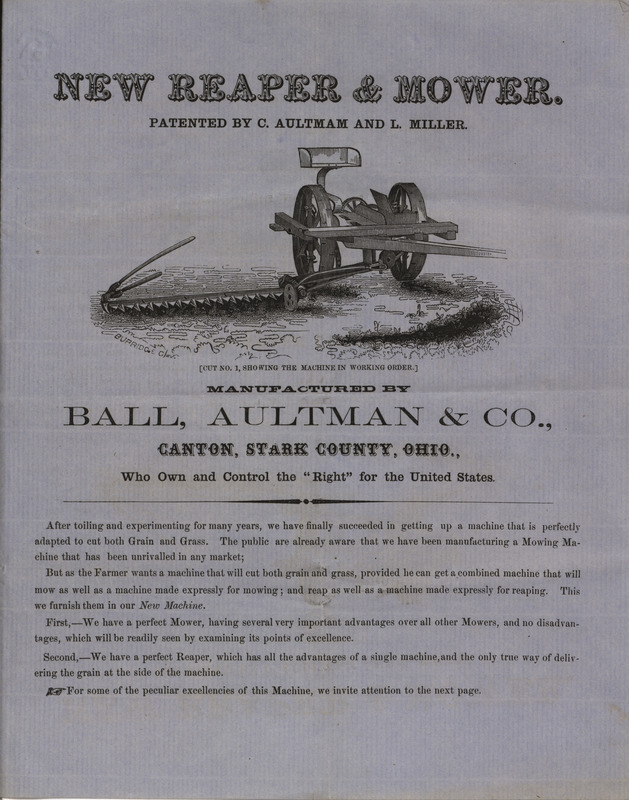 Advertisement flier for the New Reaper and Mower manufactured by Ball, Aultman and Company includes an illustration.
