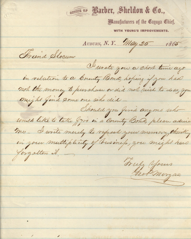 Letter from the office of Barber, Sheldon and Company, regarding a county bond and agricultural products.