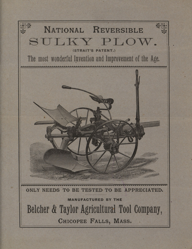 Catalog describing the national reversible sulky plow offered by the Belcher and Taylor Agricultural Tool Company in 1885.
