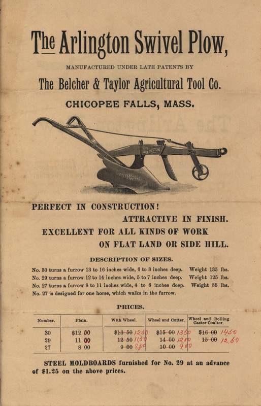 Advertisement for the Arlington Swivel Plow offered by the Belcher and Taylor Agricultural Tool Company.