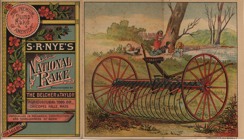 Illustrated advertisement for a S. R. Nye's National Rake offered by the Belcher and Taylor Agricultural Tool Company.
