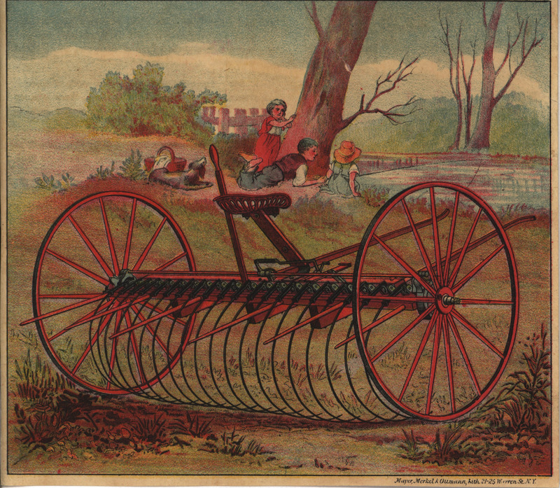 Advertisement card for the national rake offered by the Belcher and Taylor Agricultural Tool Company with illustration and description of features.