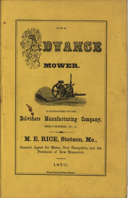 Illustrated catalog describing the advance mower product line offered by the Belvidere Manufacturing Company in 1870.