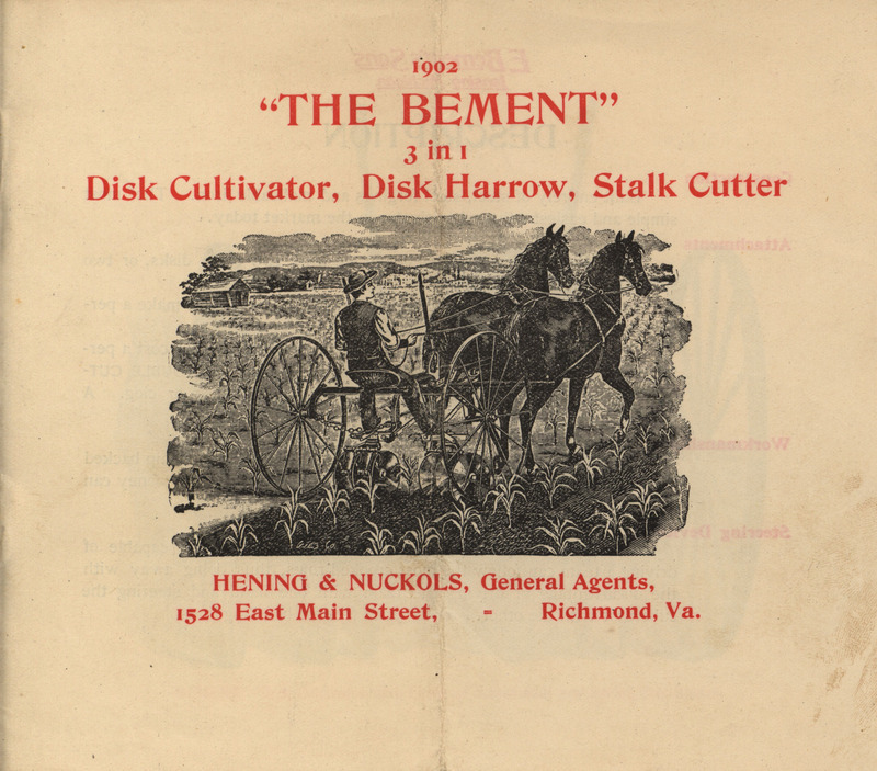 Illustrated catalog for the disk cultivator, disk harrow and stalk cutter offered by E. Bement's Sons in 1902.