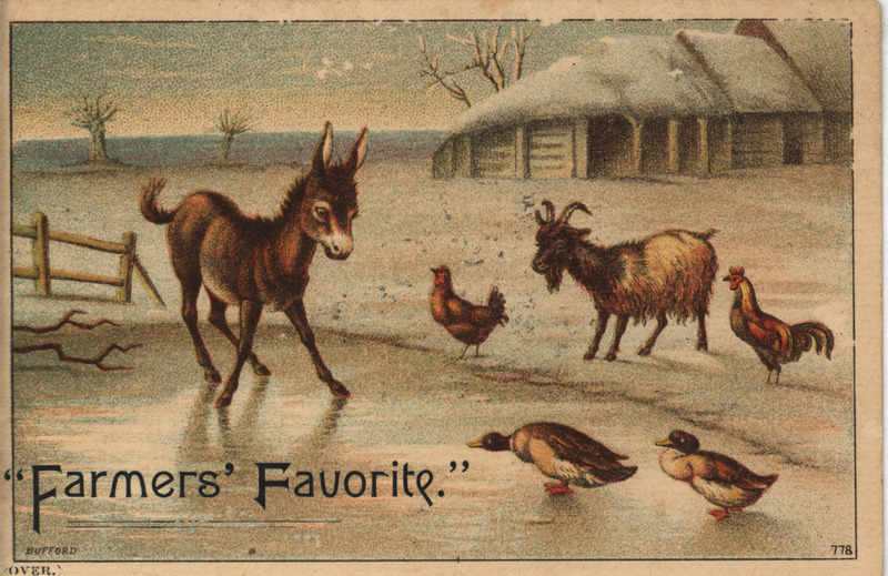 Illustrated advertisement card for the Farmers Favorite Grain Drills offered by the Bickford and Huffman Company.