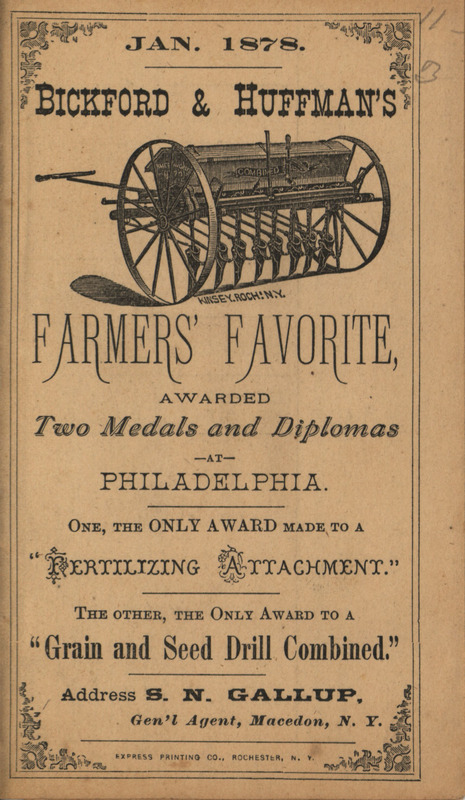 Advertisement for Farmers Favorite Drills offered by the Bickford and Huffman Company in 1878.