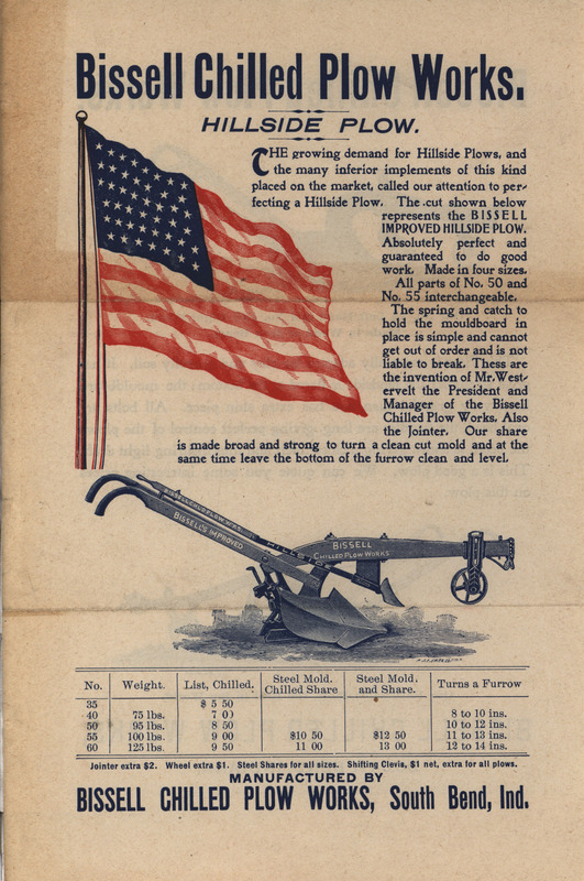 Illustrated advertisement for the hillside plow offered by Bissell Chilled Plow Works.