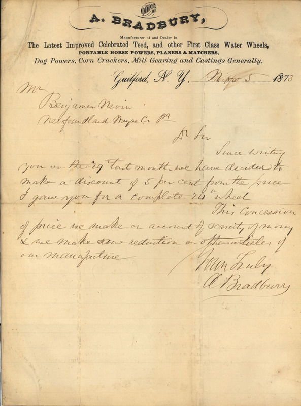 Letter to Benjamin Nevin from A. Bradbury, November 5, 1873 regarding a discount on agricultural products.