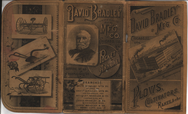 Illustrated catalog describing the plows, cultivators, rakes and related products offered by David Bradley Manufacturing Company from 1885.