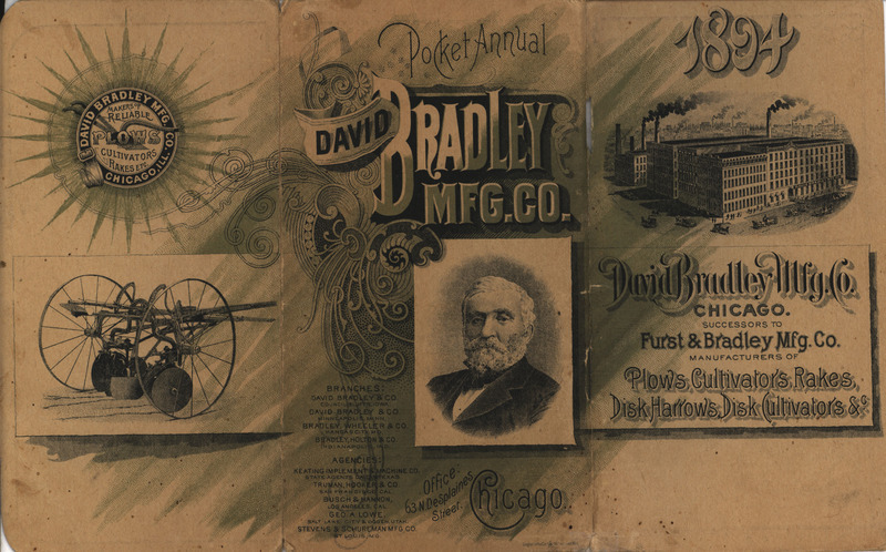 Illustrated pocket annual catalog describing the plows, cultivators, rakes and other agricultural products offered by David Bradley Manufacturing Company in 1894.