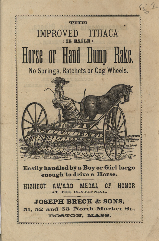Pages from an illustrated catalog describing the Improved Ithaca Horse or Hand Dump Rake offered by Joseph Breck and Sons, includes user testimonials.