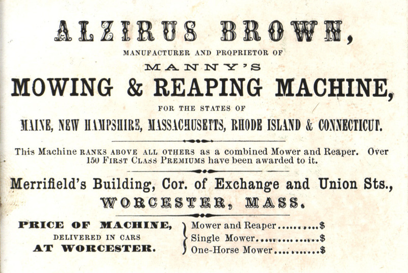 Advertisement card for Manny's Mowing and Reaping Machine manufactured and offered by Alzirus Brown.