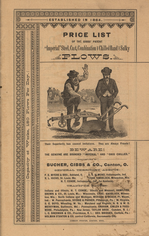 Price list for the plows and related products offered by the Bucher, Gibbs and Company.