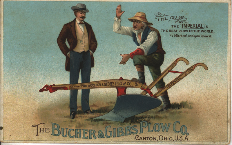 Advertisement card for the competitor chilled plow offered by Bucher and Gibbs Plow Company.